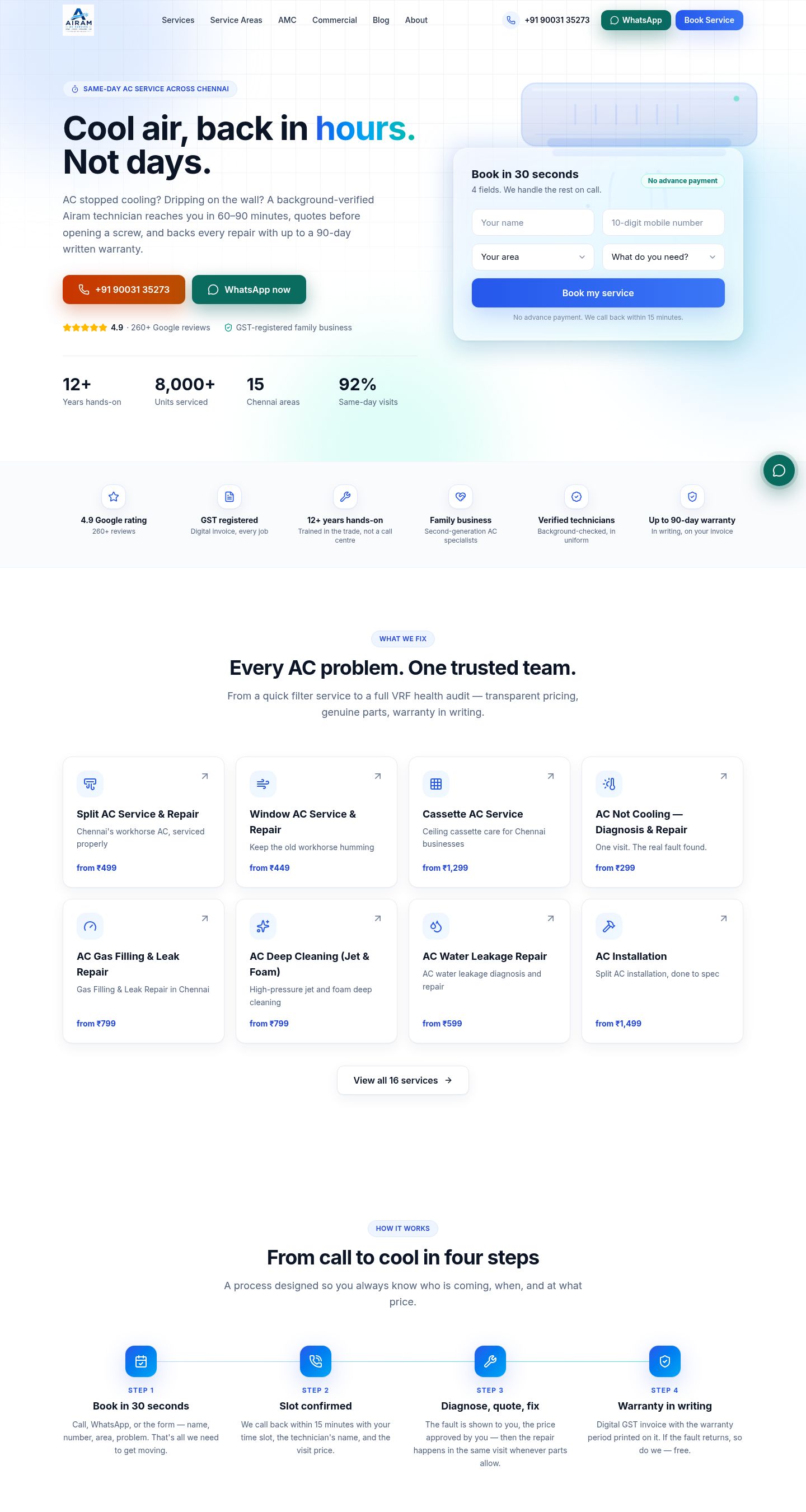 Airam AC Service website on a desktop screen, 1440 pixels wide