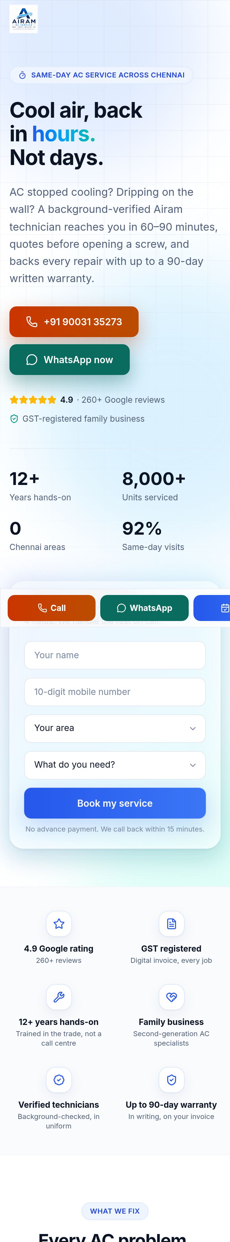 Airam AC Service mobile site, services section